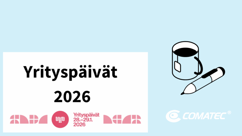 Teksti yrityspäivät 2026 ja piirroskiva kahvikupista ja kynästä