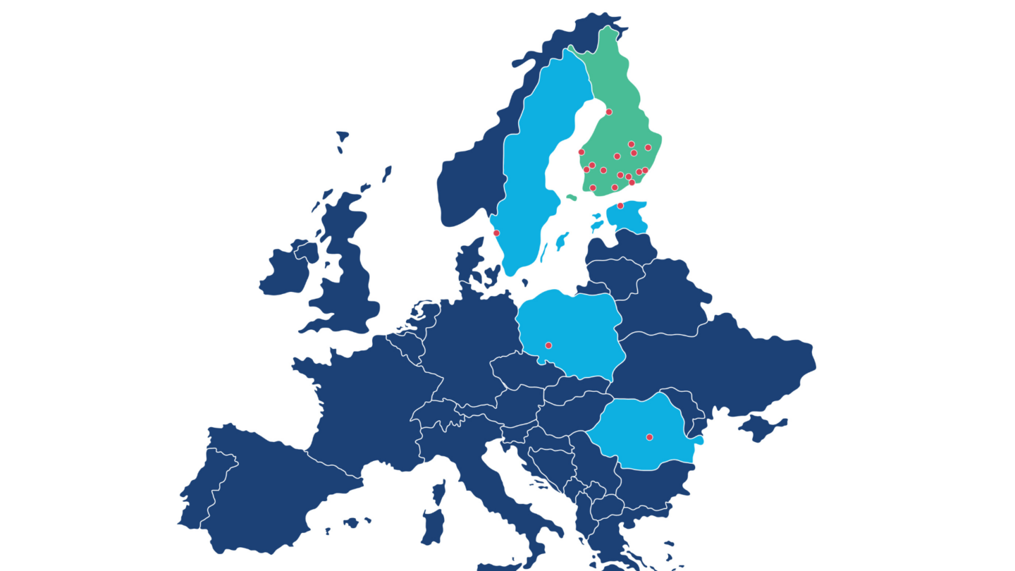 Euroopan kartta, johon on merkitty Comatcin toimintamaat Suomi, Ruotsi, Viro, Puola ja Romania.