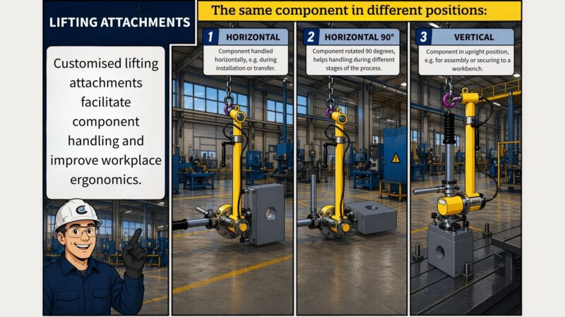 Cartoon like photo of lifting attachment device in different positions.
