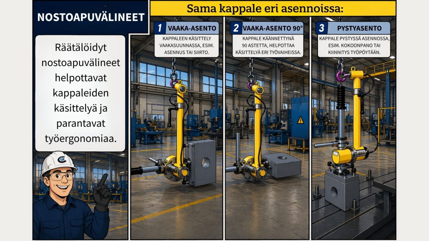 Sarjakuvamainen kuva jossa näytetään vaihtoehtoja nostoapuvälineen käyttöön